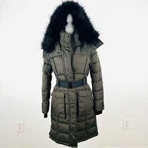 French Connection Down Puffer Coat SZ S Faux Fur Hood Belted Olive Army Green